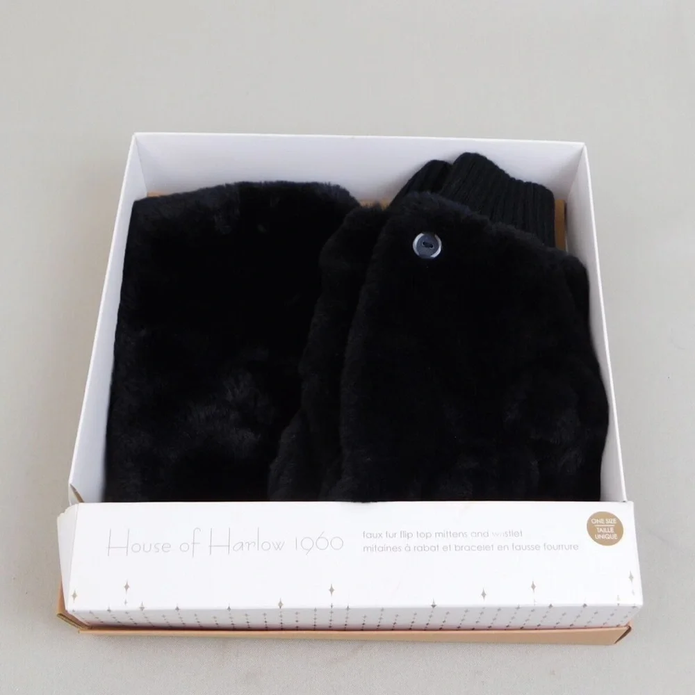House of Harlow 1960 Faux Fur Mittens & Wristlet Bag Gift Set - Black